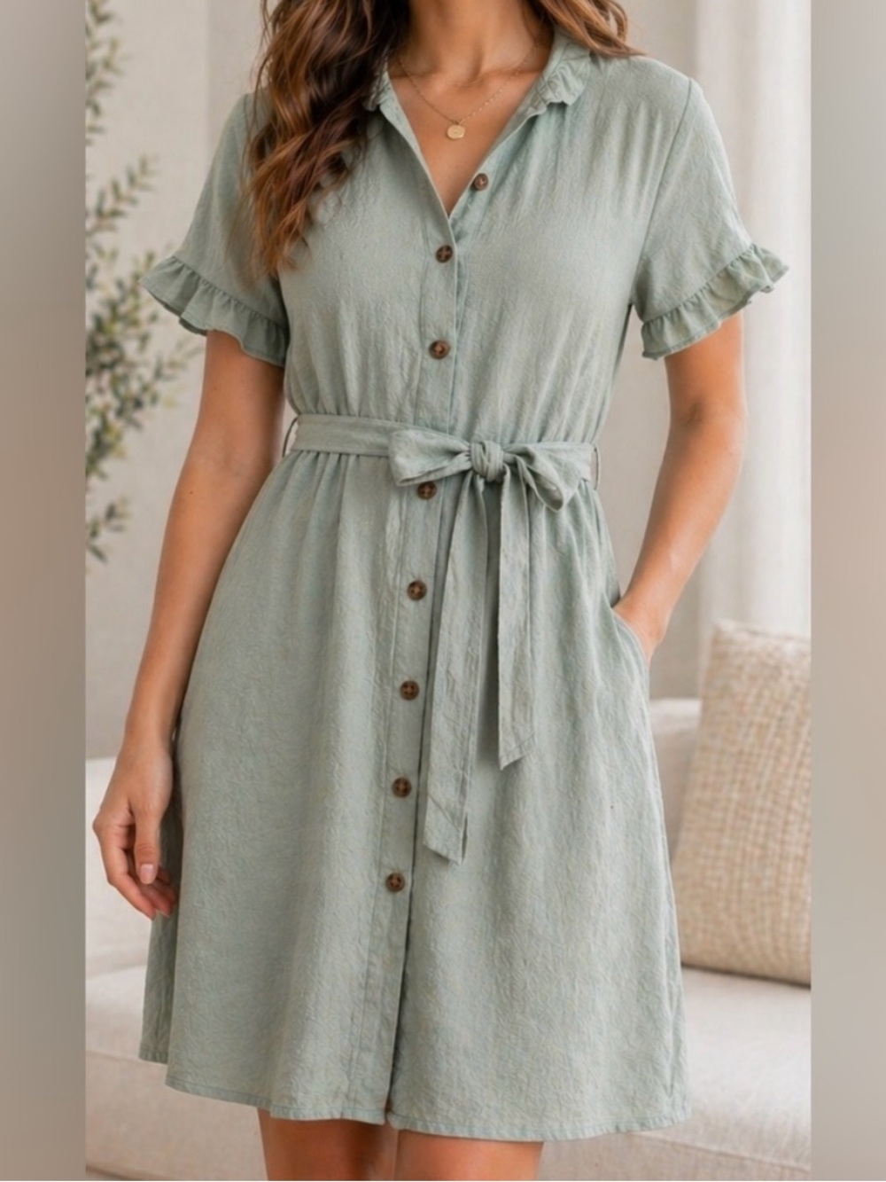 Monteau Sage Green Boho Midi Dress Tie Waist Ruffle Sleeve Button Front M